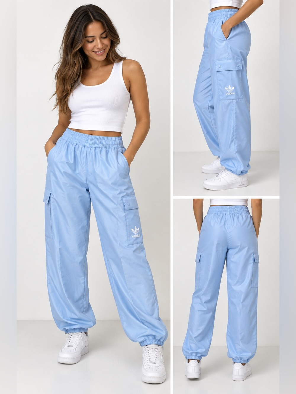 Adidas Originals Light Blue Cargo Track Pants Size M 12-14 Snap Pockets
